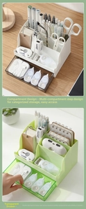 Detail of tiered desktop organizer with transparent drawer for office stationery storage