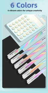 Detailed view of six rainbow gel pens with visible spiral ink cores and transparent barrels