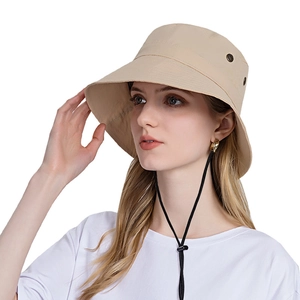 Chapeau bob beige unisexe pour protection solaire avec cordon réglable noir