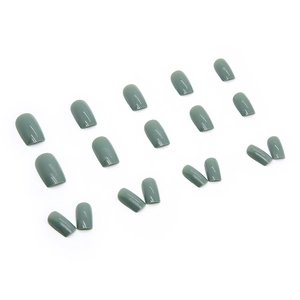 Glossy sage green false nails in square shape set on white background for women