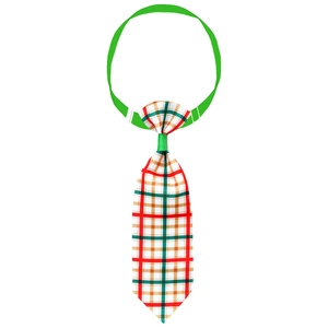 Close-up of red and green plaid pet tie with adjustable green strap and buckle