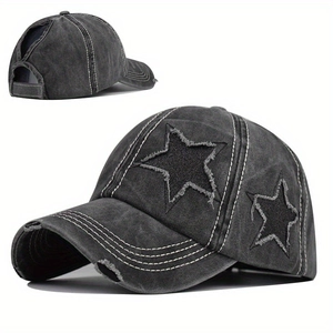 Washed charcoal baseball cap with star patch and distressed details for women