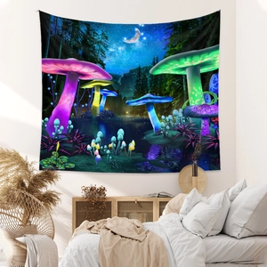 Detailed close-up of psychedelic mushroom tapestry with a crescent moon over starry lake