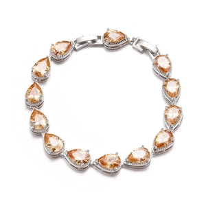 Champagne pear-cut AAA zircon bridal bracelet in silver-plated setting with fold-over clasp