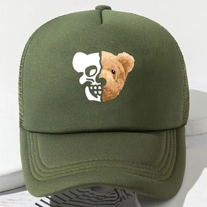 Army green trucker hat featuring a creative cartoon bear skull print on front panel