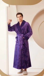 Detailed view of men's long purple plush flannel bathrobe with waffle texture trim