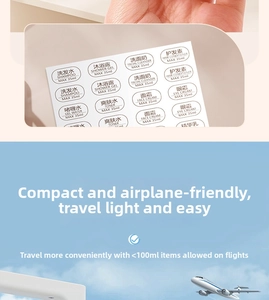 Waterproof labels for travel bottles showing shampoo and lotion categories for 35ml containers