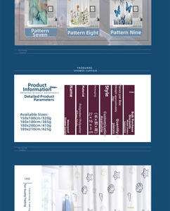 Waterproof polyester shower curtain showing detailed size chart and fabric texture specs