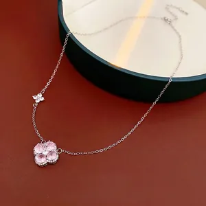 Four Leaf Clover Flower Pendant Necklace Copper Pink Heart Zircon Inlaid Elegant Light Luxury Jewelry For Women Silver Plated