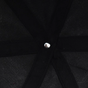 Close-up of internal crown seams and silver metal rivet reinforcement on black cotton cap