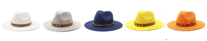 Detail of five woven sun hats in various colors with studded brown leather bands