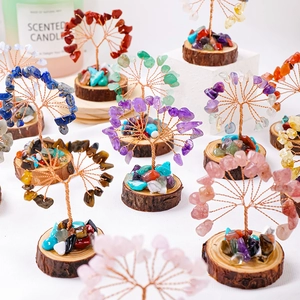 Handmade natural crystal tree with copper wire on wood base for wealth and healing