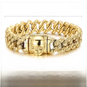 Detailed view of punk style gold stainless steel skull link bracelet with size dimensions
