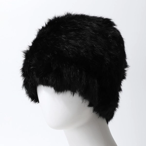 Women's winter rabbit fur knitted hat in black, warm and stylish handmade beanie