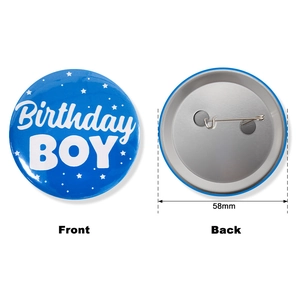Detailed 58mm blue tinplate badge front and back view with Birthday Boy text