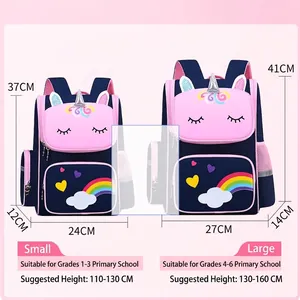 Ergonomic primary school backpack size guide for grades 1-6 with A4 paper comparison