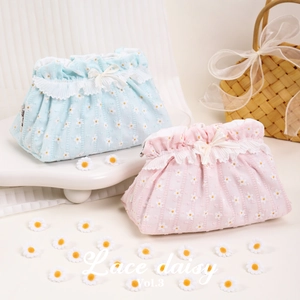 Pastel blue and pink floral lace daisy cosmetic bags with ruffles and cloud shape