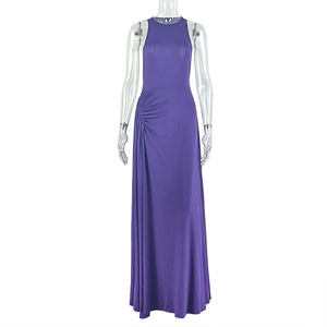 Detail view of the side-waist ruching and soft purple fabric on this sleeveless maxi dress