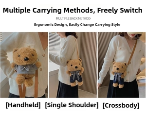 Plush bear bag showing handheld, shoulder and crossbody carrying options for women