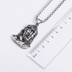 Silver Jesus pendant necklace with box chain, 5cm size scale on white background