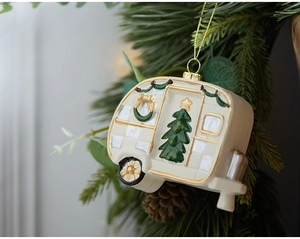 3D embossed Christmas RV pendant hanging on green pine branches for holiday tree decoration