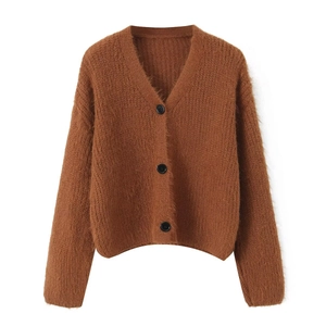Loose brown mohair knit cardigan with V-neckline and black buttons on white background