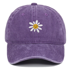 Vintage gewaschene lila Baumwoll-Basecap mit besticktem Sonnenblumen-Smiley-Motiv
