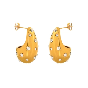 Polished gold-plated teardrop earrings with white zircon stones for women and men