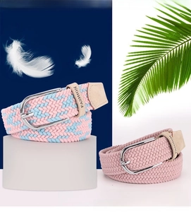 Detail of woven elastic waist belts in pink and blue with silver D-ring metal buckles