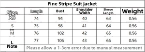 Détail du tableau des tailles pour tailleur à rayures avec mesures de buste en CM