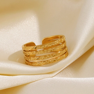 Adjustable 18K gold plated 4-layer hammered texture stainless steel ring for women