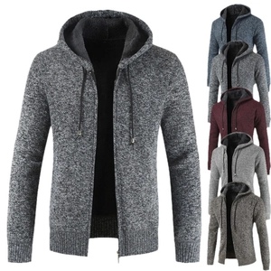Men's thickened fleece-lined knitted hoodie cardigan with zipper and drawstring hood