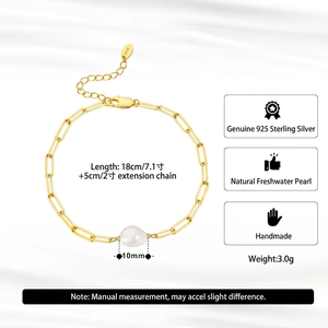 S925 sterling silver paperclip chain bracelet with a 10mm freshwater pearl and gold plating