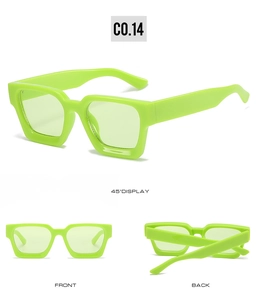 Tre angolazioni di occhiali da sole quadrati verde neon con lenti traslucide C0.14