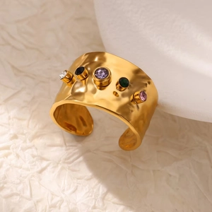 Chic 18K gold plated wide open ring featuring colorful cubic zirconia stones in a hammered finish