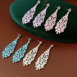 Rhinestone Long Drop Earrings With Silver Earring Post Luxury Irregular Rhombus Zircon Chic Dangle Jewelry For Women
