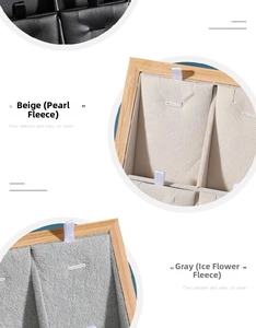 Close-up of bamboo jewelry tray liners in black leather, beige and grey velvet textures