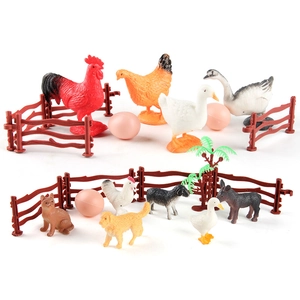 Educational farm animal toy set with figurines of rooster, duck, sheep, and fences