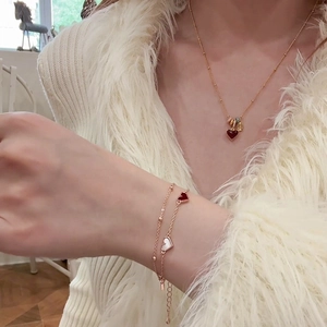 18k gold plated heart necklace and bracelet set with red and white shell pendants
