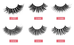 Detail view of six synthetic fiber false eyelash styles with model labels D1607 to D1612