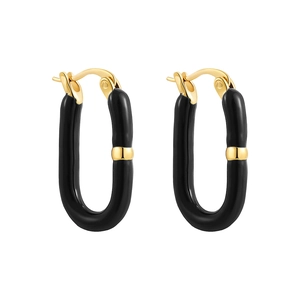 Detailed macro view of U-shaped stainless steel earrings with black oil drop finish