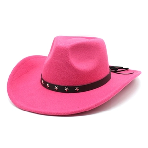 Detail of rose red felt jazz hat featuring black leather band and silver star studs