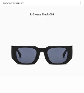 Flat lay of retro square sunglasses in shiny black frame with silver metal accents