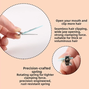 Detail view of light blue hair clip featuring wide-opening design and rust-proof spring