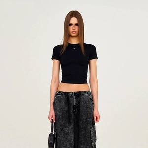 Slim Fit Baumwolle T-Shirt Bestickt Kreuz Rundhalsausschnitt Kurzarm Bauchfrei Streetwear Casual Atmungsaktiv Damen Oberteil