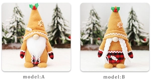 Detail of A and B Christmas gnomes with gingerbread hats and red checkered aprons