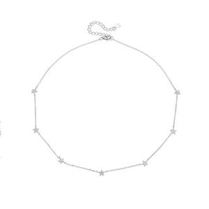 Detailed close-up of S925 sterling silver necklace featuring seven tiny star pendants