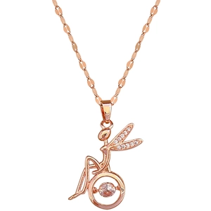 Rose gold dancing fairy necklace with winged pendant and sparkling crystal stone