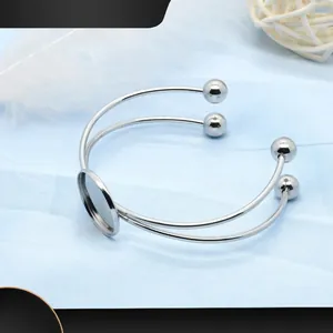 DIY Stainless Steel Double Wire Open Bangle Base With 20mm Round Tray And Ball Ends For Jewelry Making Women Silver Accessory