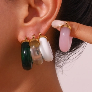 French vintage thick C-shaped acrylic hoop earrings in green and multi-color resin